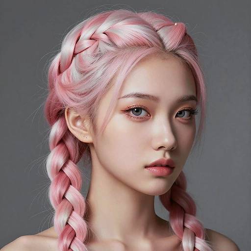 Digital portrait of an ethereal young woman with pink braided hair, fair skin, and piercing blue eyes, set against a gray background.