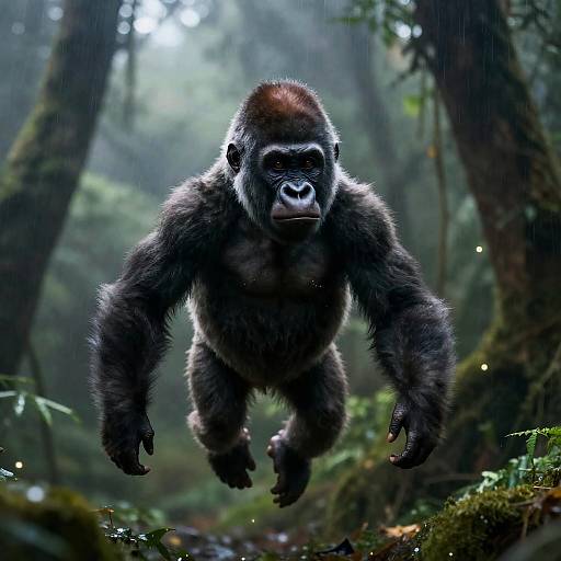 Photograph of a realistic CGI gorilla mid-leap in a misty, dense forest with sunlight filtering through trees, surrounded by green foliage.