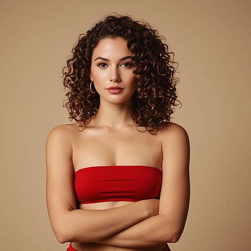 Curly Hair Woman in Red Bandeau Top