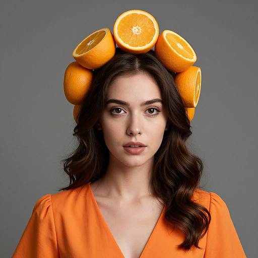 Photograph of a young woman with fair skin and dark wavy hair, wearing an orange V-neck shirt, with halved oranges and whole oranges balanced