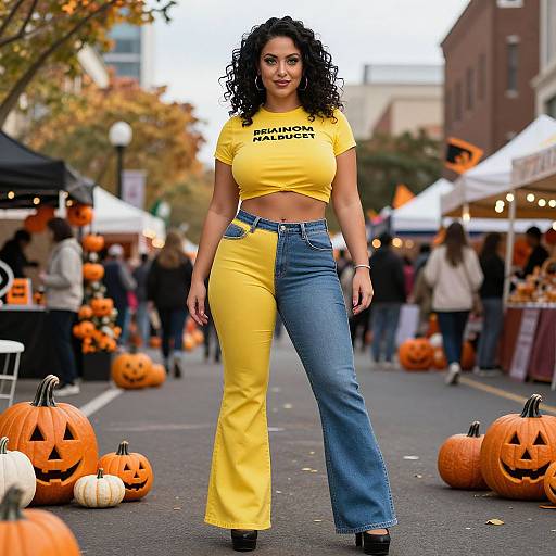 Photograph of a curly-haired woman in a yellow crop top and yellow-blue split pants, standing in a pumpkin-filled Halloween market.