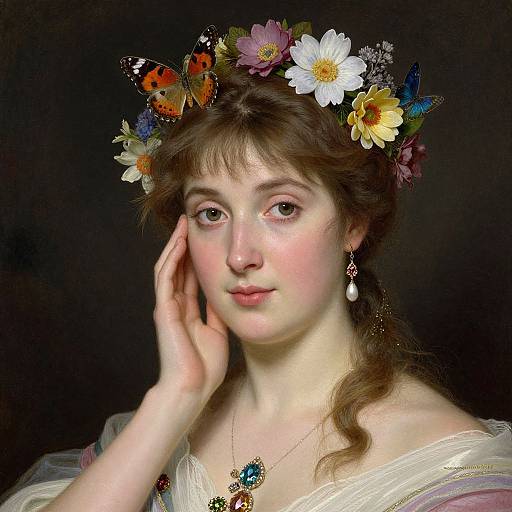 Digital portrait of a fair-skinned, brown-haired woman with a floral and butterfly crown, wearing a white dress and pearl earrings.