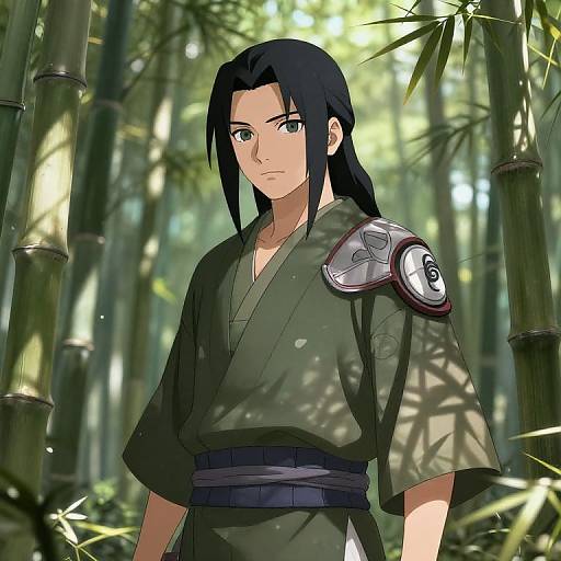 Anime-style digital drawing of a serious, black-haired man in a green kimono with a metal shoulder guard, standing in a sunlit bamboo forest.