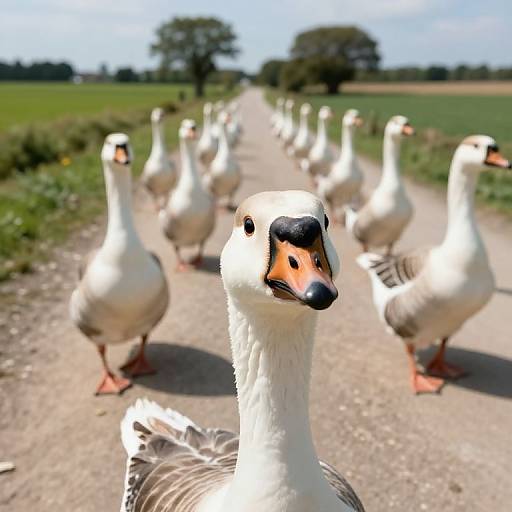 Photograph of a line of white geese with black-tipped beaks and orange feet walking on a rural dirt path, surrounded by green fields and