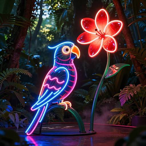 Neon sign of a blue and pink bird with a red flower, glowing vividly in a dark, lush jungle setting.