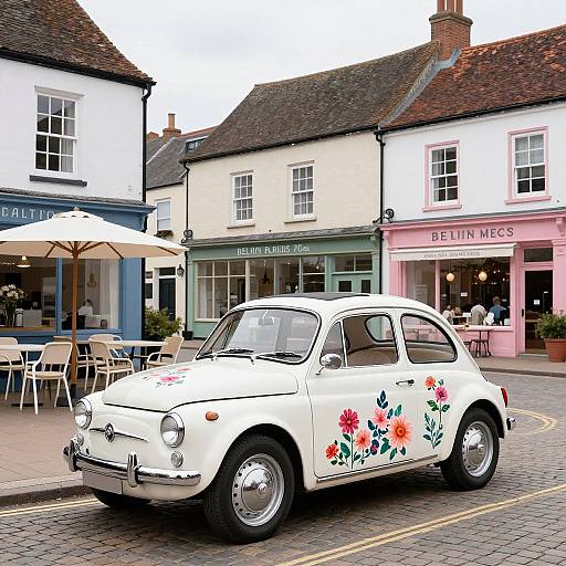 Photograph of a white vintage Mini Cooper with floral decals parked on a cobblestone street in front of quaint pastel-colored shops.