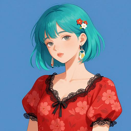 Digital anime-style portrait of a teal-haired girl with red floral dress, black lace trim, flower hairpin, and geometric earrings, against a blue background
