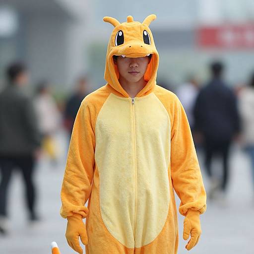 Photograph of a person wearing a bright orange Charmander costume with yellow belly, hood, and horned head, standing in a blurred urban background