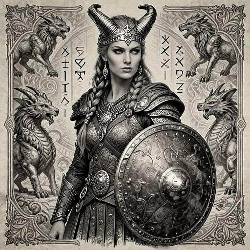 Digital black-and-white drawing of a Viking warrior woman with braided hair, horned helmet, intricate armor, and shield, flanked by dragons.