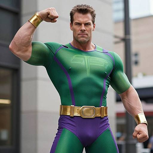 Photograph of a muscular man in a green and purple superhero suit, gold belt, and bracelets, flexing his arm outdoors.