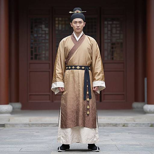Photograph of a young Asian man in traditional Korean hanbok, gold and brown robe, black belt, black headband, standing in front of