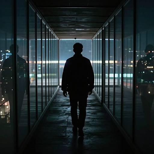 Silhouetted Figure in Reflective Corridor