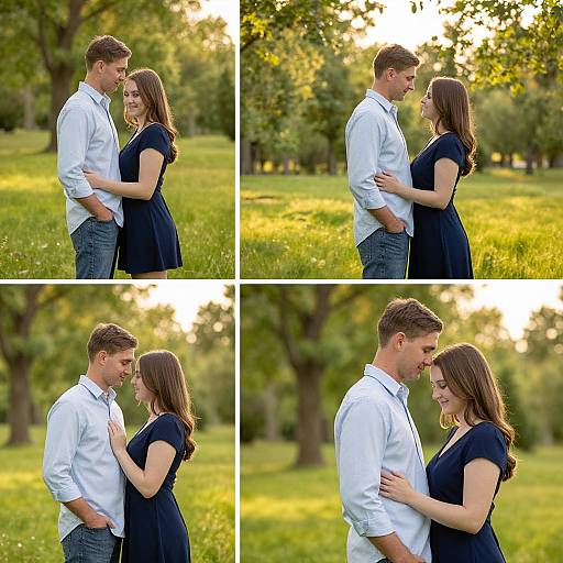 Photograph collage of a smiling couple in a sunlit park, wearing white shirts and black dresses, embracing and gazing at each other. Green grass