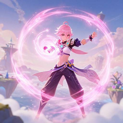 Digital anime artwork of a pink-haired mage with glowing pink circular energy, wearing black pants and a white top, standing in a cloudy, floating-island