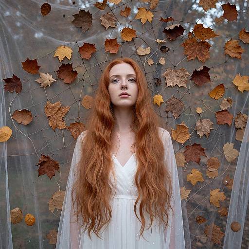 Photograph of a pale-skinned, red-haired woman with long, wavy hair in a white dress, surrounded by autumn leaves on a transparent web