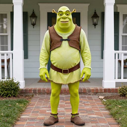 Photograph of a green, cartoonish ogre in medieval attire standing on a brick path in front of a white-columned porch.