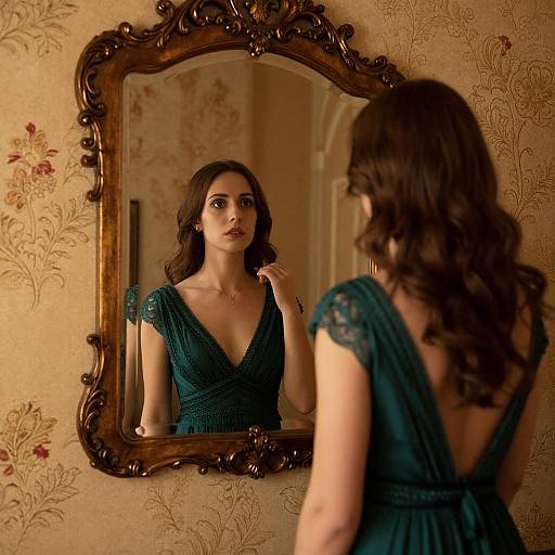 Photograph of a woman with wavy brown hair, wearing a deep teal, V-neck dress, standing before an ornate, vintage mirror, reflecting
