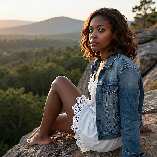 Photograph of a dark-skinned woman with wavy hair, wearing a denim jacket and white lace dress, sitting on a rocky cliff, overlooking a