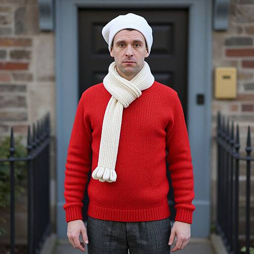Photograph of a man in a white knit cap, red sweater, white scarf, and dark pants standing in front of a brick building door.