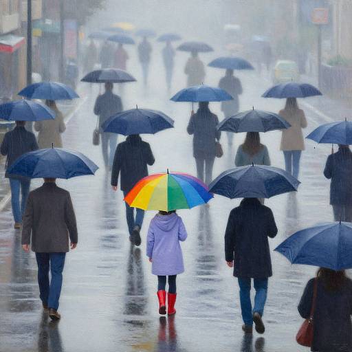Rainy City Street with Blue Umbrellas