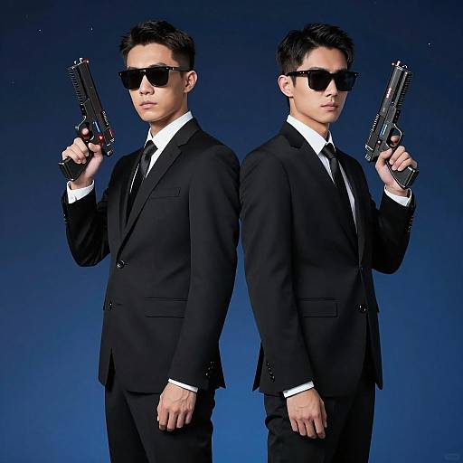 Two Men in Suits with Futuristic Guns