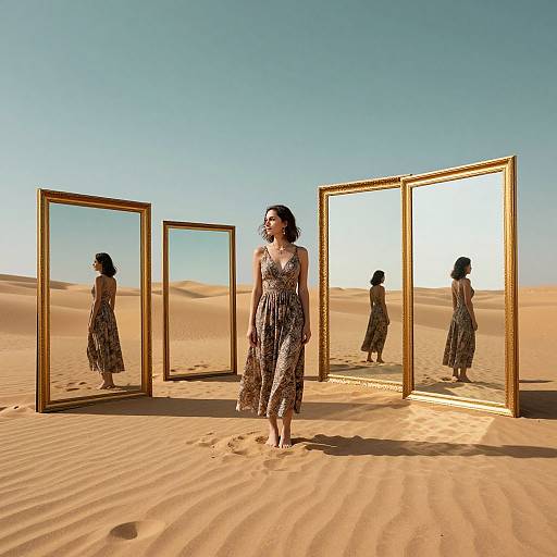 Photograph of a woman in a patterned dress standing in a desert, surrounded by three large gold-framed mirrors reflecting her image. Clear blue sky