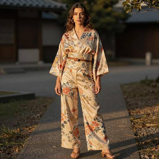 Photograph of a woman in a floral, cream-colored kimono with wide sleeves and loose pants, standing on a sunlit pathway. Traditional Japanese building