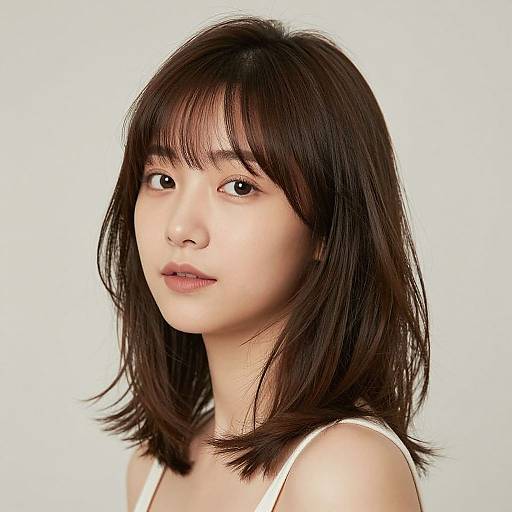 Photograph of an East Asian woman with straight, shoulder-length dark brown hair and bangs, wearing a white sleeveless top, against a plain white