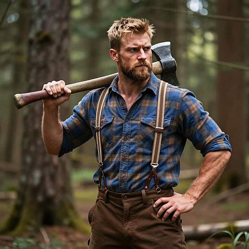 Photograph of a rugged, bearded man with short blonde hair, wearing a blue plaid shirt, brown suspenders, and brown pants, holding