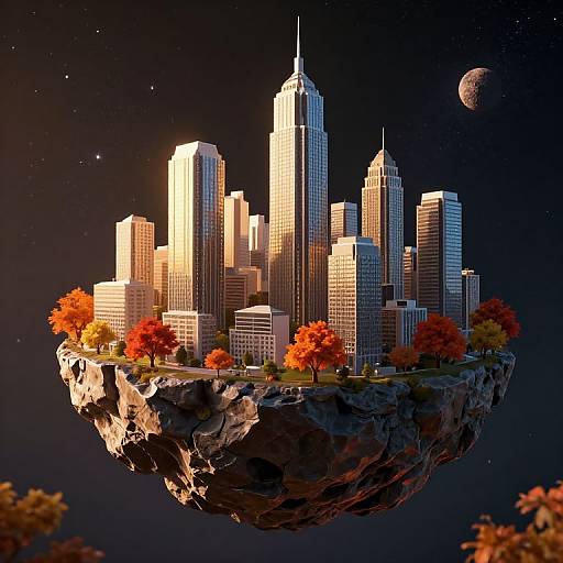 Digital art: Futuristic floating cityscape with illuminated skyscrapers, autumn trees, rocky base, and a moon in a starry night sky.