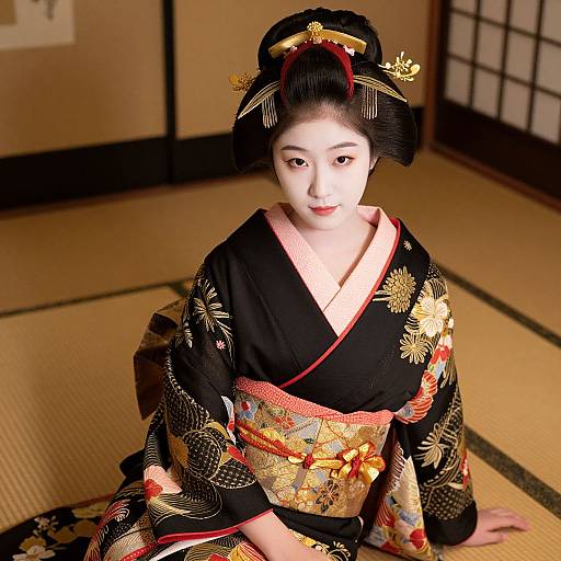 Photograph of a Japanese woman in traditional black kimono with gold floral patterns, red trim, and ornate hairpiece, kneeling on tatami mat
