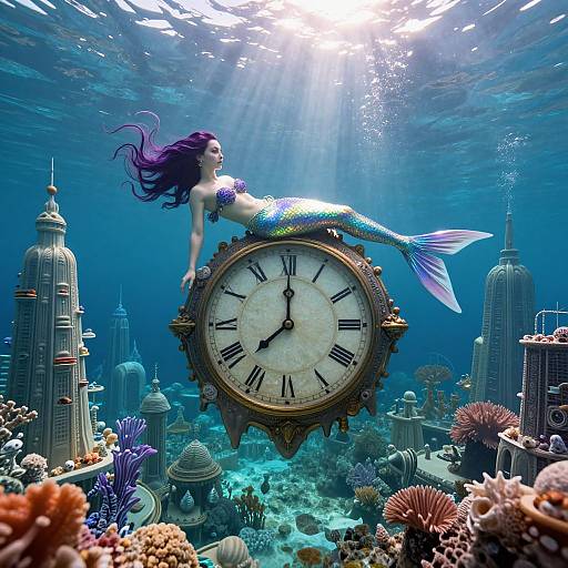 Surreal Mermaid Over Underwater Metropolis