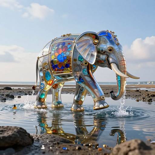Clockwork Elephant in Surreal Tide-Pool Sky