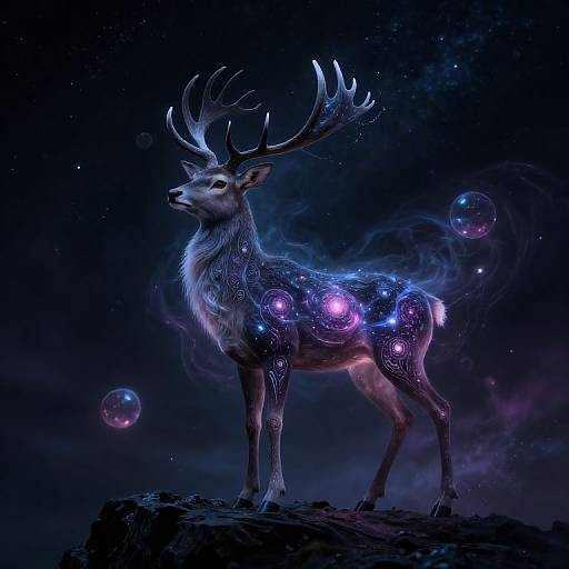 Digital artwork of a glowing, ethereal deer with large antlers, adorned with purple and blue orbs, standing on a rocky cliff in a starry