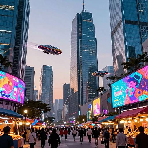 Photograph of a bustling urban street at dusk, featuring flying drones, colorful neon billboards, crowded pedestrians, and towering skyscrapers.