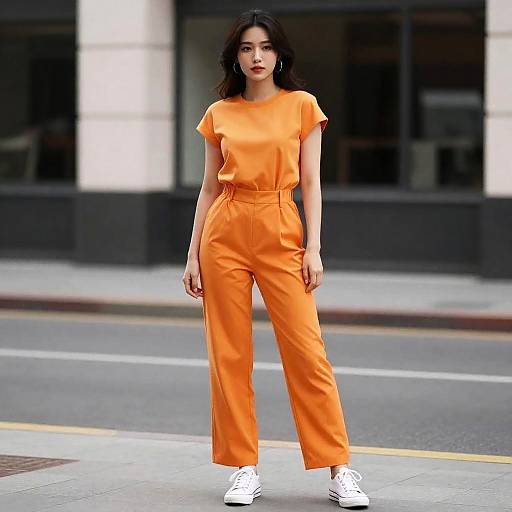 Woman in Orange Jumpsuit on Street