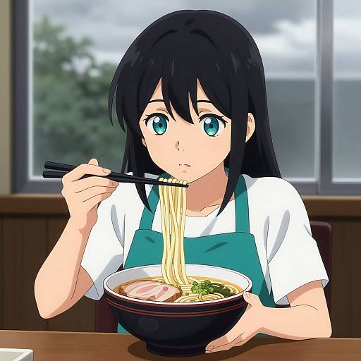 Anime Girl Eating Ramen Indoors