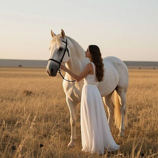 Photograph of a woman with long dark hair in a white flowing dress, standing in a golden field, gently touching the bridle of a white horse