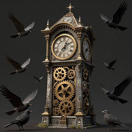 Photorealistic digital art: ornate clock tower with gold gears, black background, six black crows flying around, intricate clock faces.