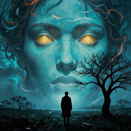 Surreal Teal Face Over Dark Landscape