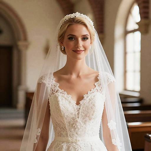 Smiling Bride in Lace Wedding Dress