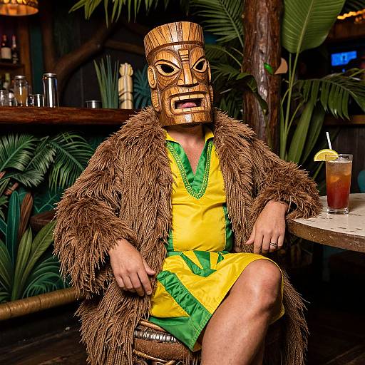 Photograph of a person in a yellow and green costume, feathered brown jacket, and wooden mask, sitting at a tropical bar with a drink and