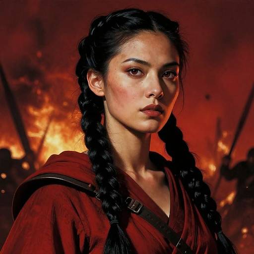 Digital artwork of a serious young woman with dark braided hair, red robe, and intense gaze against a fiery, war-torn background.