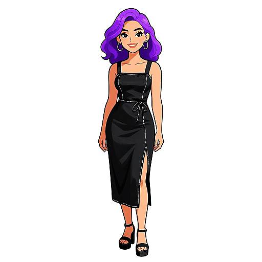 Digital illustration of a smiling woman with vibrant purple curly hair, wearing a sleeveless black dress with a side slit, black high heels, and large hoop