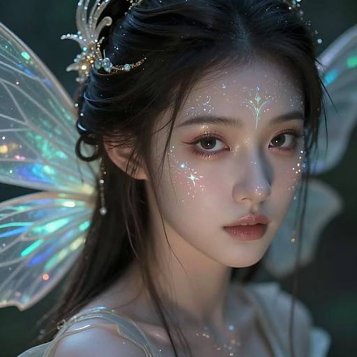 Digital artwork of an ethereal Asian woman with glowing skin, translucent blue wings, and sparkling facial markings, set against a dark background. Fantasy, fairy