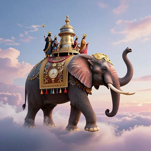 Magnificent digital artwork of an adorned elephant with golden trappings, carrying royal figures on a cloudy, sunset sky background.