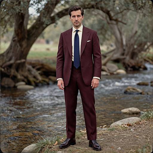 Photograph of a serious, dark-haired man in a brown suit, white shirt, and blue tie, standing by a flowing stream in a wooded area