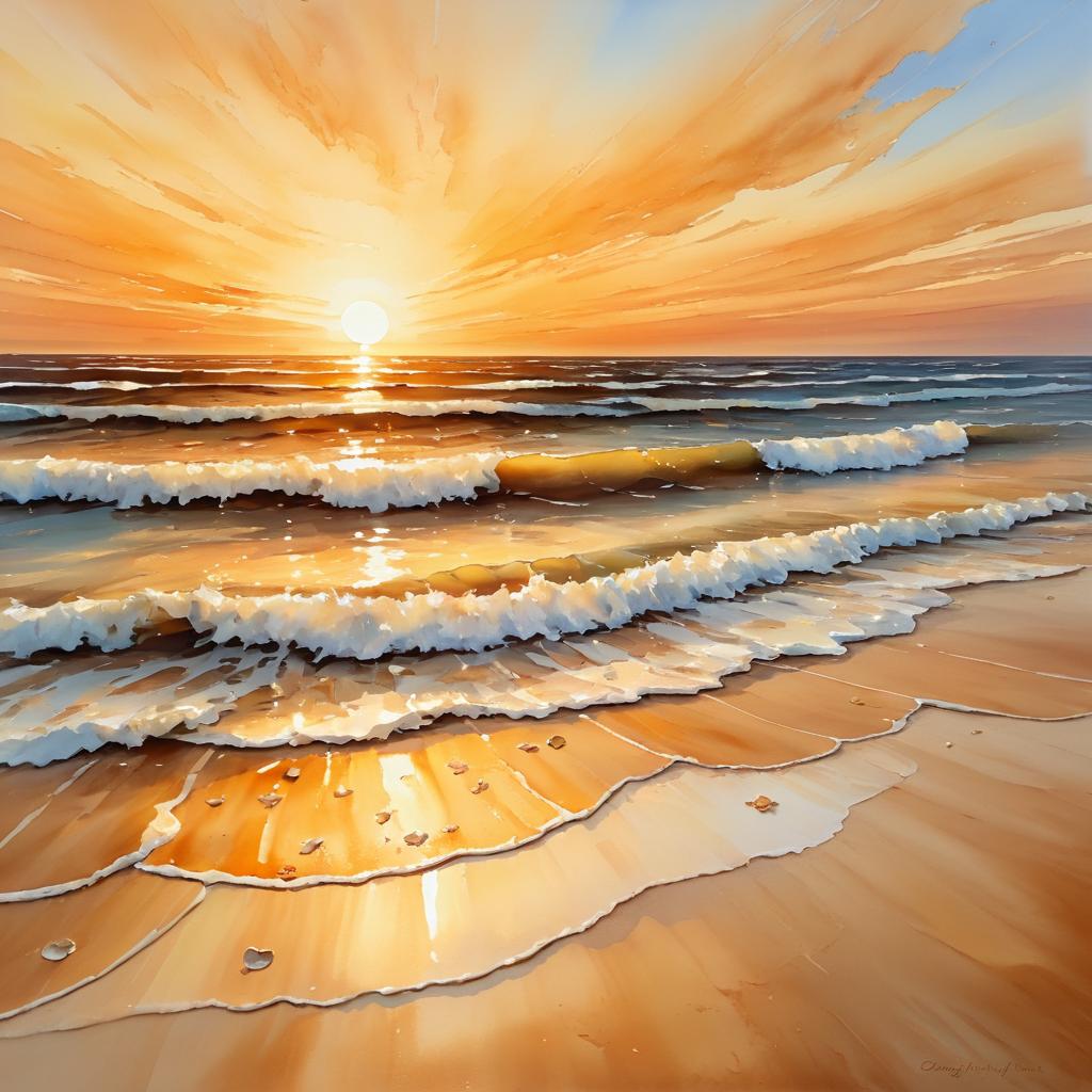 Warm Sunset Over Ocean Waves and Beach