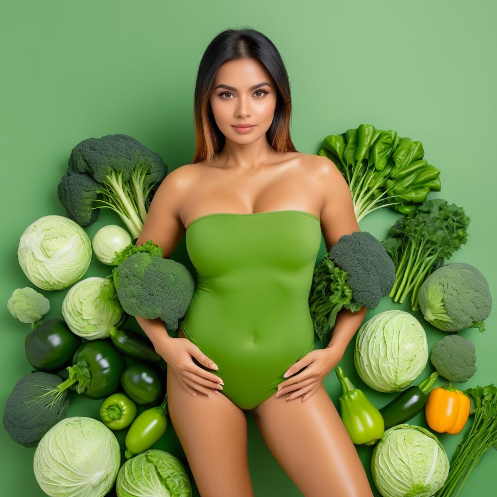 Confident Woman Covered in Vegetables