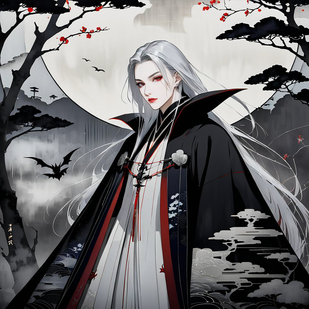 Elegant Brooding Vampire in Ukiyo-e Style